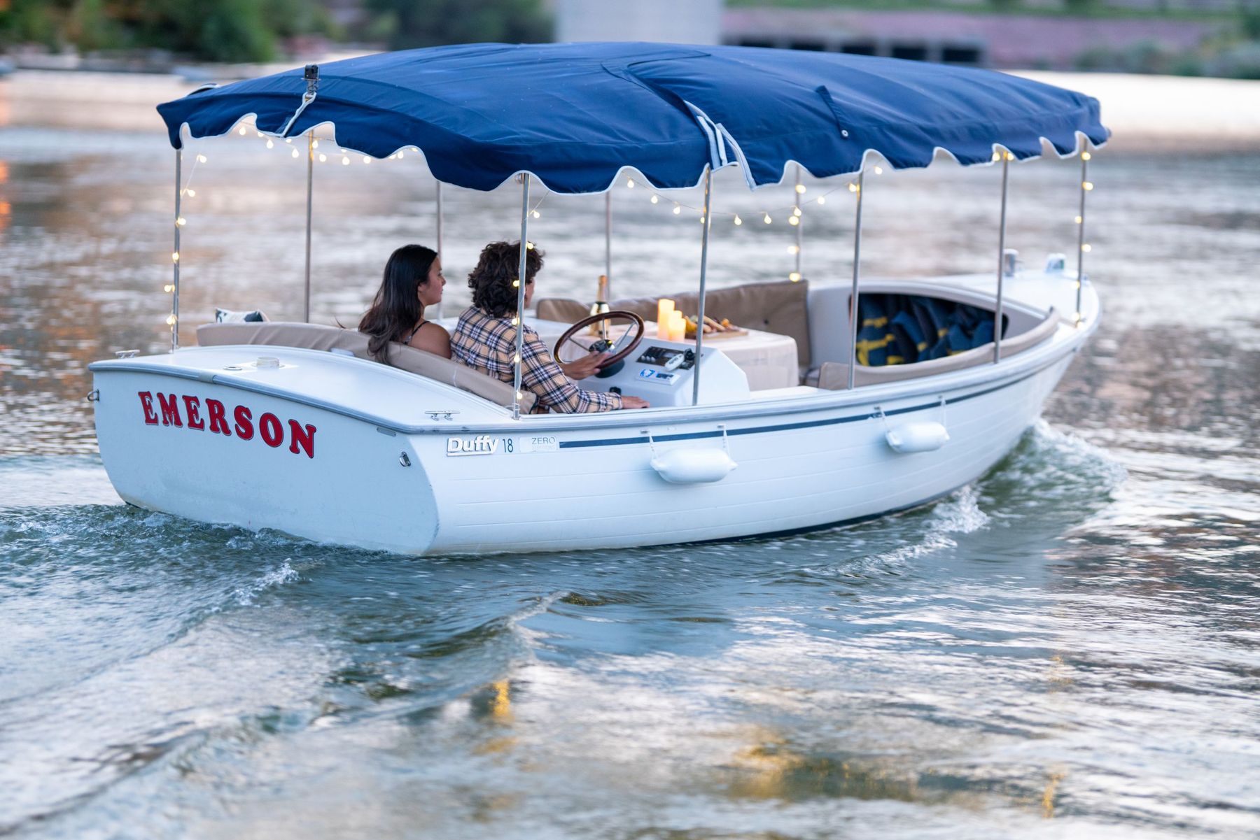 Duffy electric boat cruising on Lake Las Vegas